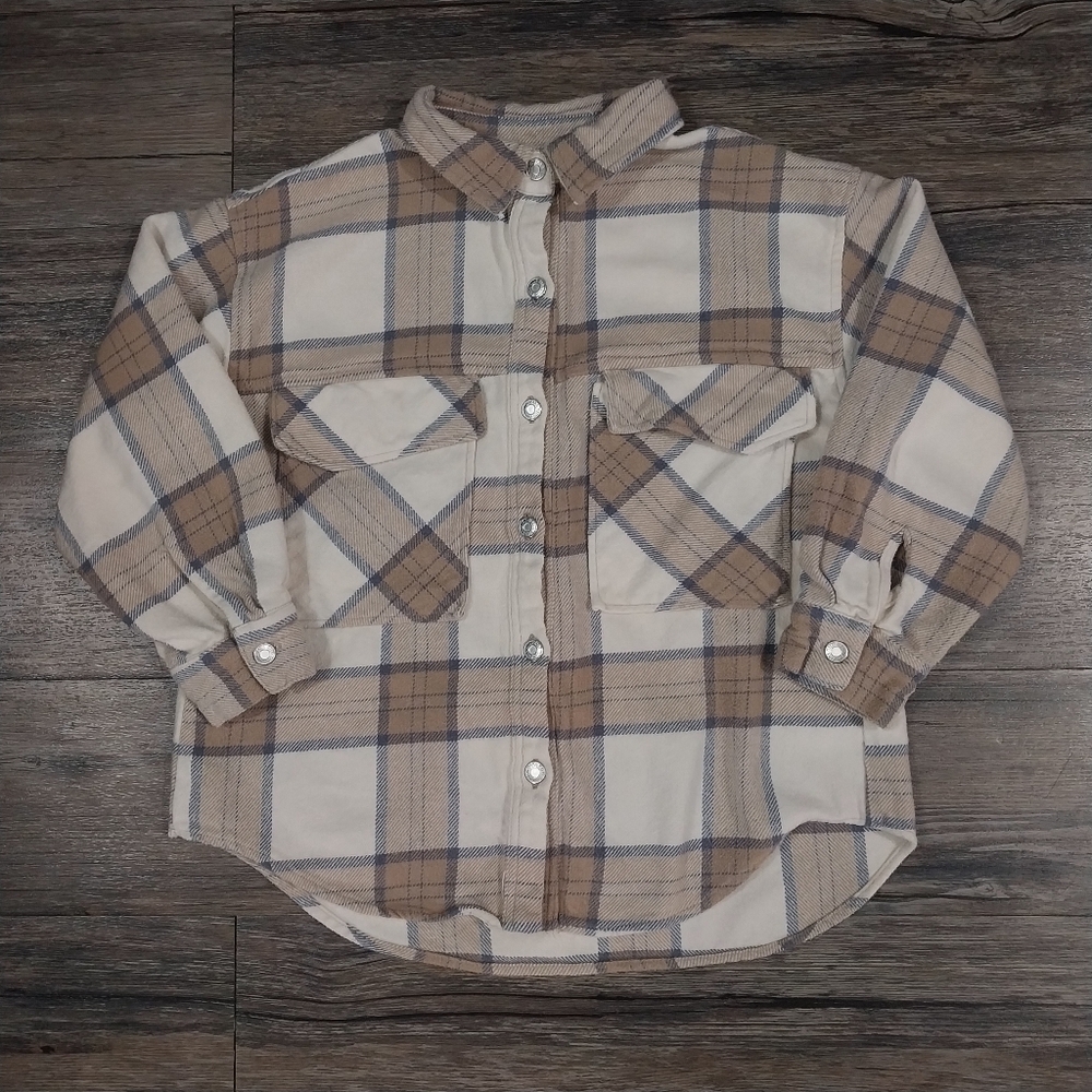 Zara Plaid Flannel Shirt Kids Size 8-9 Soft White Long Sleeve Button Down Cotton